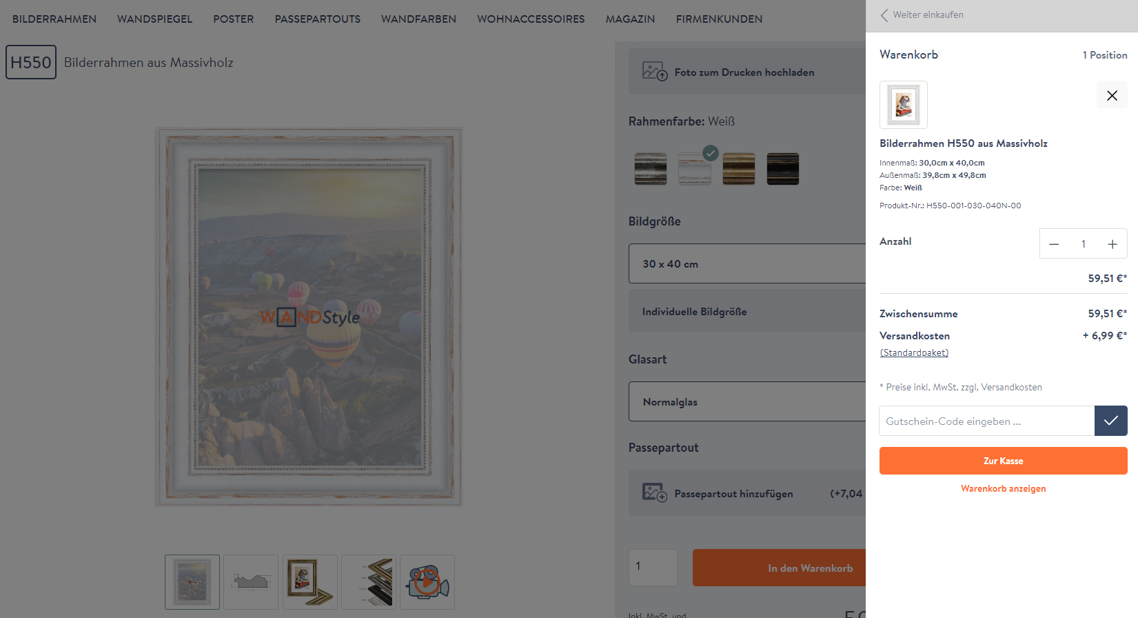 Vorschauansicht des Warenkorbs bei einer Bilderrahmen Bestellung