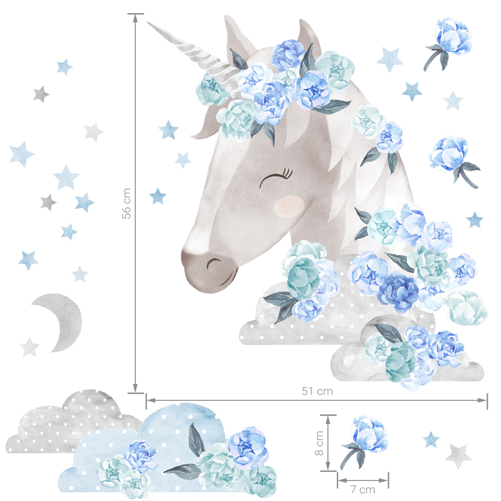 Größenabmessung blaues Einhorn Wandtattoo
