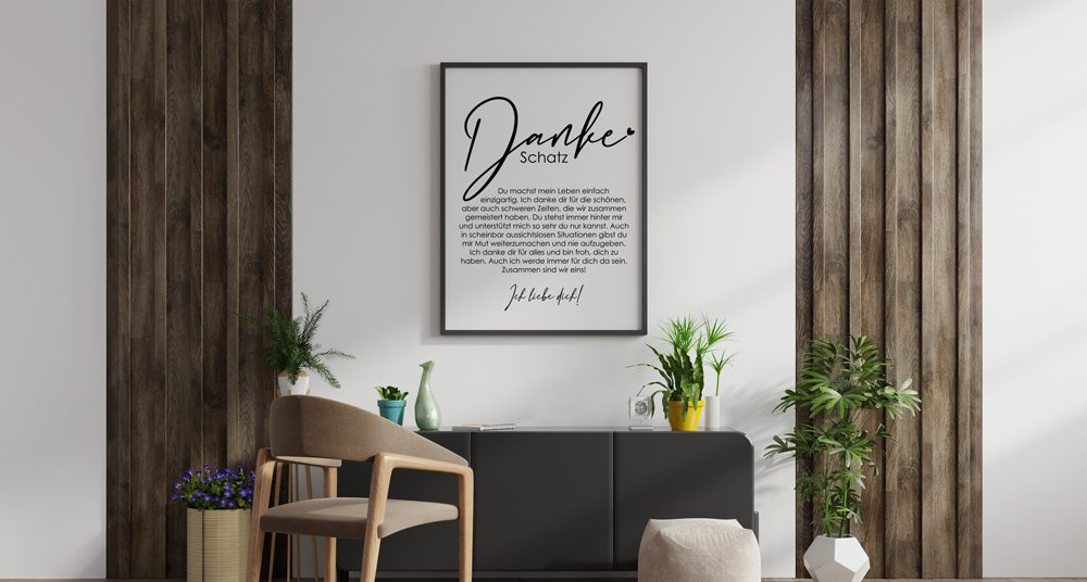 Danke Poster modern Ein Sprüche Poster hängt an einer dekorierten Wand