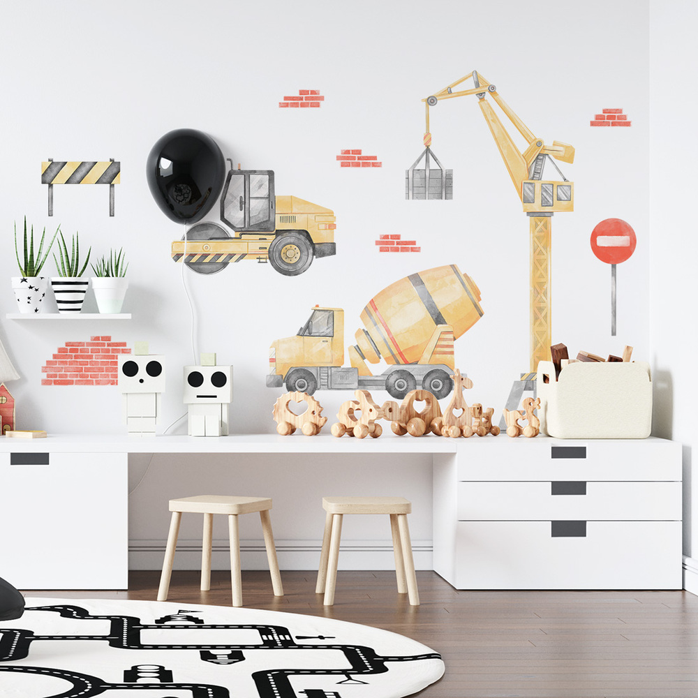 gelbes Baustellen-Set I Wandtattoo an Kinderzimmerwand