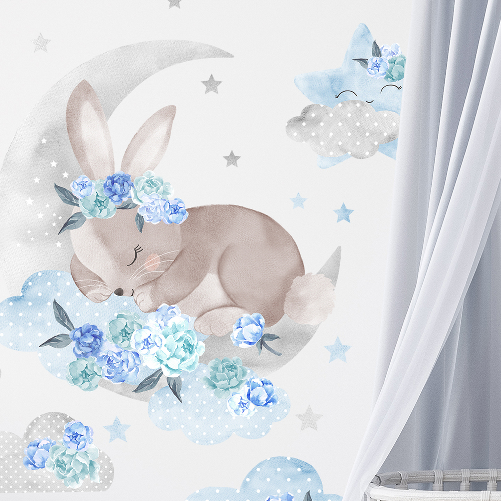 Wand dekoriert mit blauer schlafender Hase Wandsticker