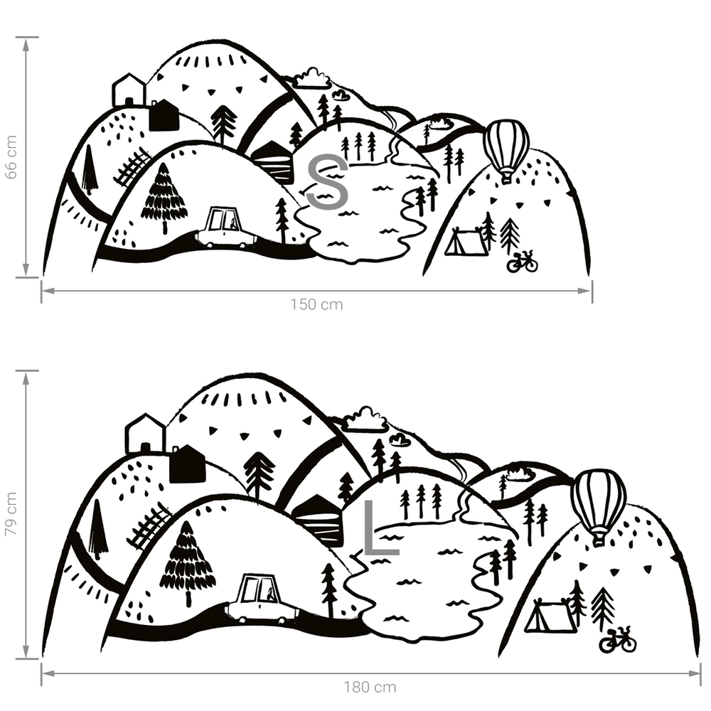 Größenabmessung schwarze Berge Wandtattoo