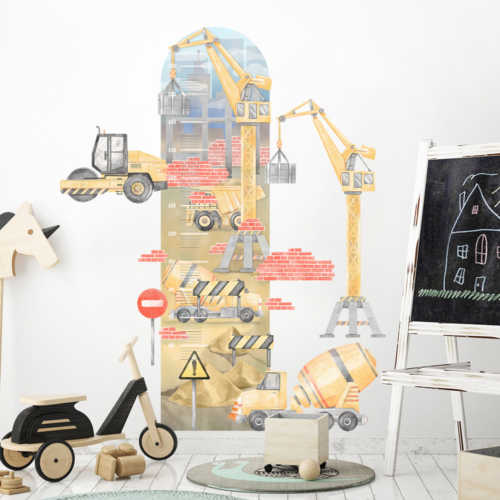 Kinderzimmer dekoriert mit gelbem Baustelle Kindermesslatte Sticker