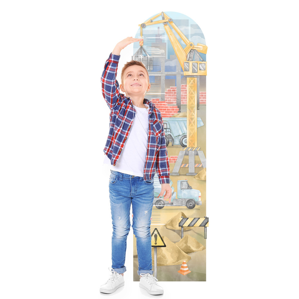 Wand dekoriert mit blauem Baustelle Kindermesslatte Wandsticker