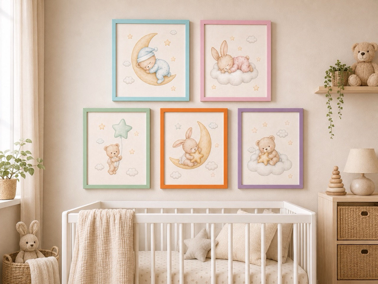 Bunte Bilderrahmen fürs Kinderzimmer in Tuerkis, Rosa, Mintgruen, Orange und Lila an einer Kinderzimmerwand