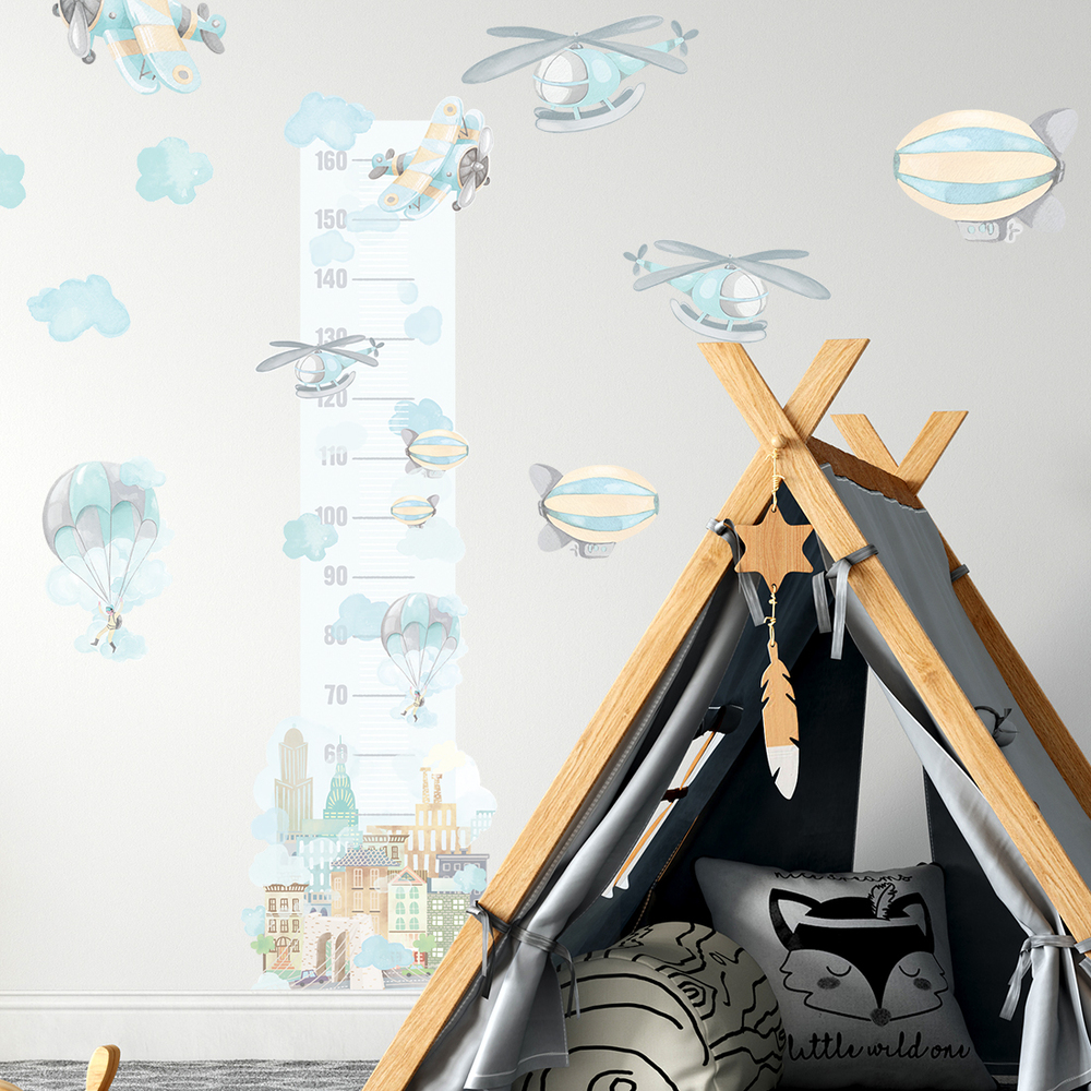 Flugzeug Kindermesslatte Wandtattoo an Kinderzimmerwand