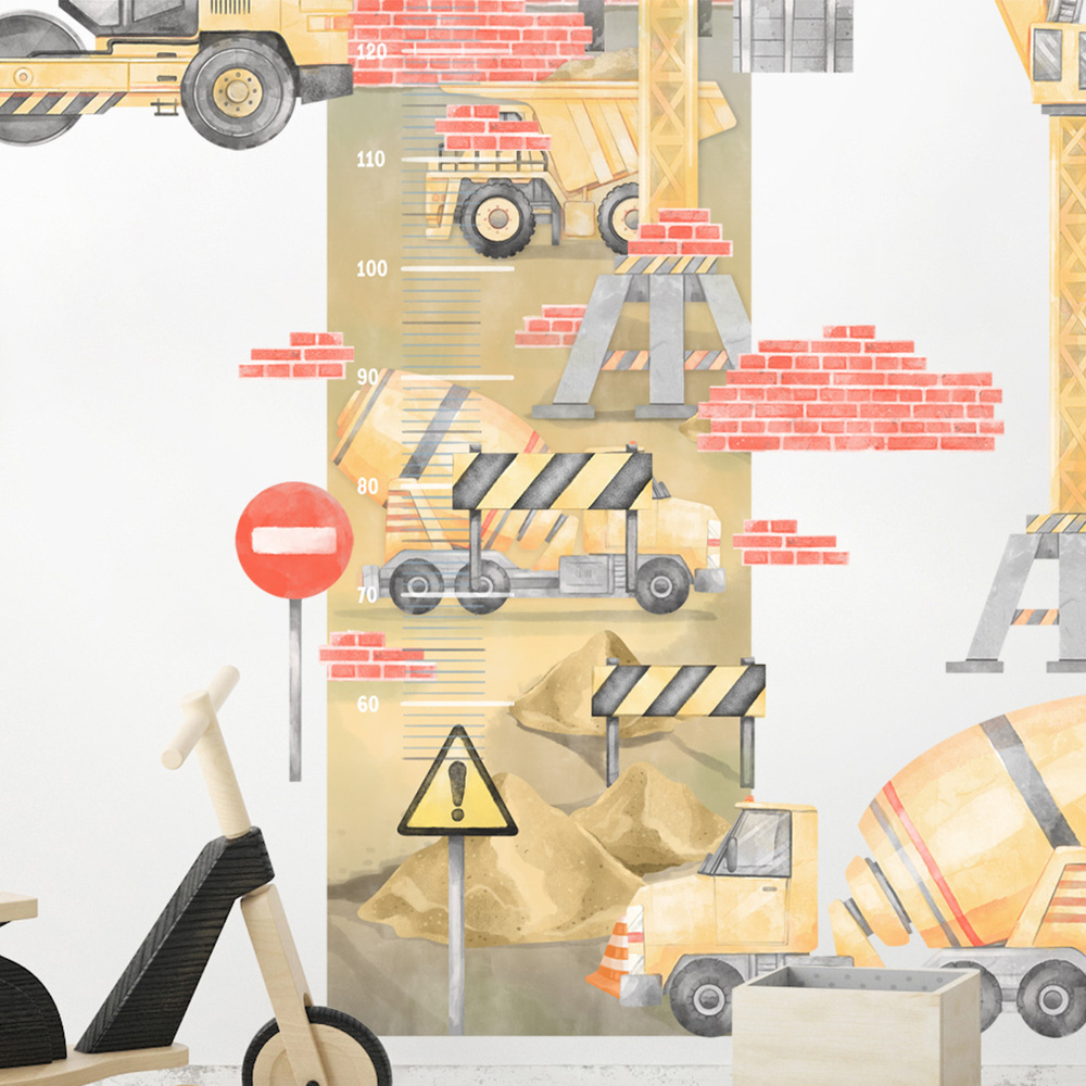 gelbe Baustelle Kindermesslatte Wandtattoo an Kinderzimmerwand